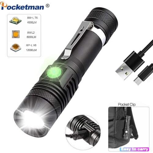 T6/L2/V6 LED Flashlight Powerful USB Flashlight Tactical Torch by 18650 Zoom Adjustable Focus for Outdoor Camping Hiking
