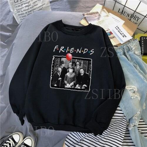 Clown Terror Halloween Friend Tv Show Pennywise Print Michael Myers Jason Horror Character Winter Casual Women Black Sweatshirt