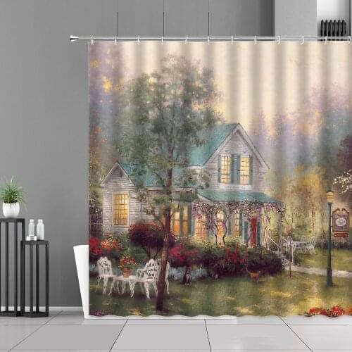 European Style Rural Warm Houses Landscape Painting Sketching Shower Curtain Polyester Bath Curtains Bathtub Screen Home Decor