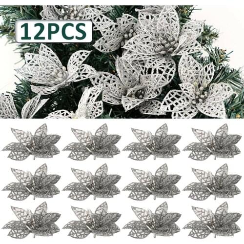 12Pcs/Set Glitter Poinsettia Christmas Wreaths Tree Decoration Sliver Plastic Glitter Poinsettia Flowers Xmas Tree Ornament