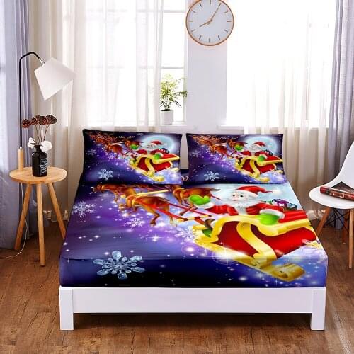 Christmas Sleigh 3pc Polyester Solid Fitted Sheet Mattress Cover Four Corners With Elastic Band Bed Sheet(2 pillowcases)