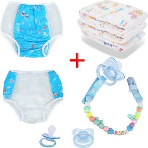 4PC abdl Adult Baby disposable diapers with infant reusable panties Merries panties diapers with jelly Pacifier + pacifier chain