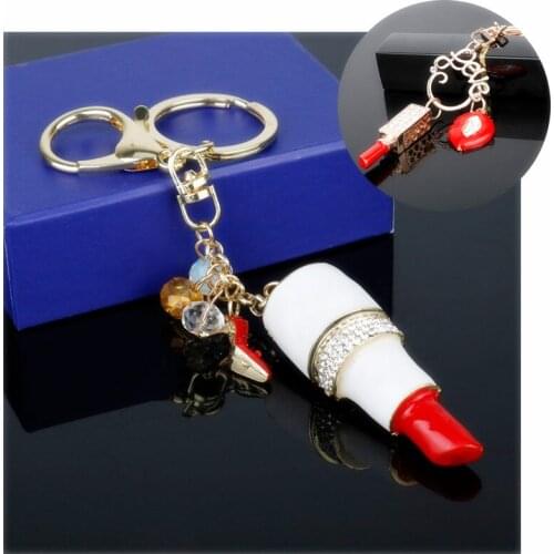 Alloy Crystal Lipstick Key Ring Women Bags Purse Jewelry Charm Keychain Luxury Trinket Key Chains