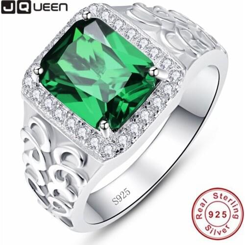 JQUEEN 925 Sterling Silver Square Emerald Rings White Cubic Zirconia Hollow Flowers Zircon Wedding Engagement Ring for Men