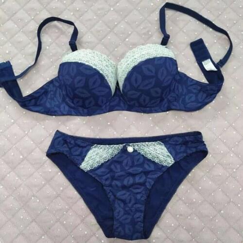 Push Up Bra Set Women Gathering Lace Bras and Briefs Lips Print Blue Lingerie Suit Sexy Cute Adjustable Korean Bra for Ladies