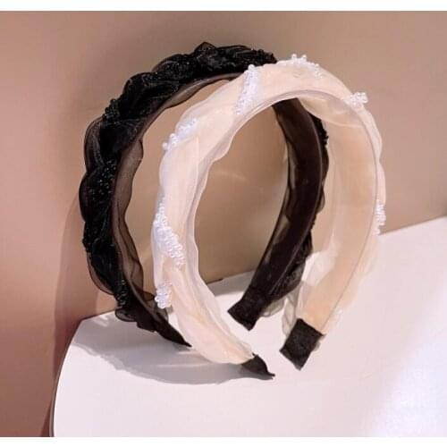 Retro style Korean crystal rice pearl chain organza twist braid hair band sweet girls new hair hoop