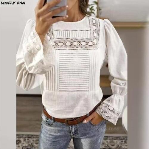 Lace White Shirt Spring Women Long Sleeve Femme Casual O-Neck Autumn Solid Tops Blouses Fashion New Sweet Ladies Vacation Outfit