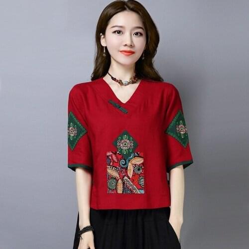 Summer Chinese Traditional Clothing Women Embroidery Tang Suit Qipao Shirts Hanfu Linen Ethnic Vintage Party Chinese Top 12402