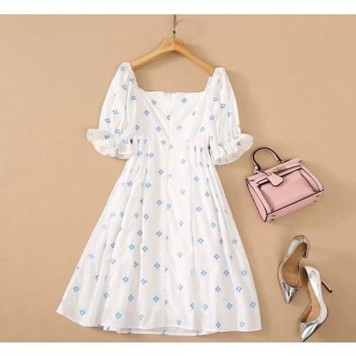 Sweet Cute Dress 2021 Summer Ladies Sexy Square Collar Lurex Embroidery Deco Short Sleeve White Black Dress Lolita Girl Clothes