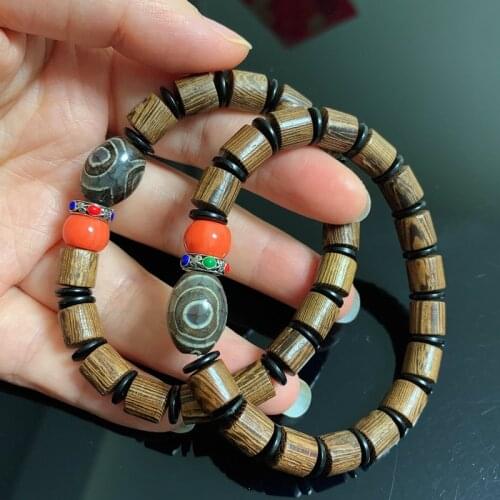 Natural Tibetan Dzi Agates Bracelets Healing Chakra Buddha Prayer Three Eyed Agat Charm Coral Wood Wooden Beaded Bracelets Male