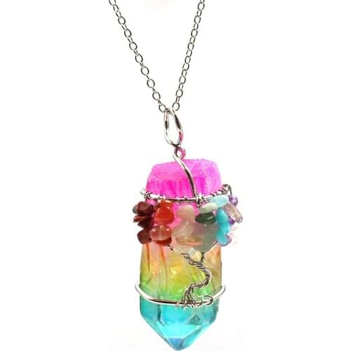 Irregular Shape Rock Crystal Dyed Colorful Silver Plated Wire Wrap Pendant Necklace with Small Gravel Charm Jewelry
