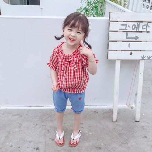 New Summer Baby Girls Plaid Clothes Clothing Sets Korean Short-Sleeve Casual Cute Plaid Tops T shirt +Pants Children Suit2