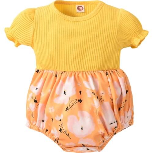Infant Baby Girls Casual Romper, Yellow Floral Printed Pattern Short Sleeve Round Collar One-piece