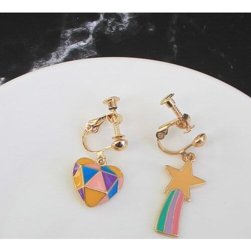 Colorful Funny Clip On Earrings No Hole Asymmetrical Star Heart Dog Pizza Poached Egg Fun Earring Accesories For Girls Ladies