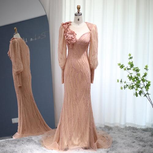 Luxury Dubai Rose Gold Long Sleeve Evening Dress for Women Wedding Party Gowns 3D Flowers Beading Musim Formal Prom Dresses 2021