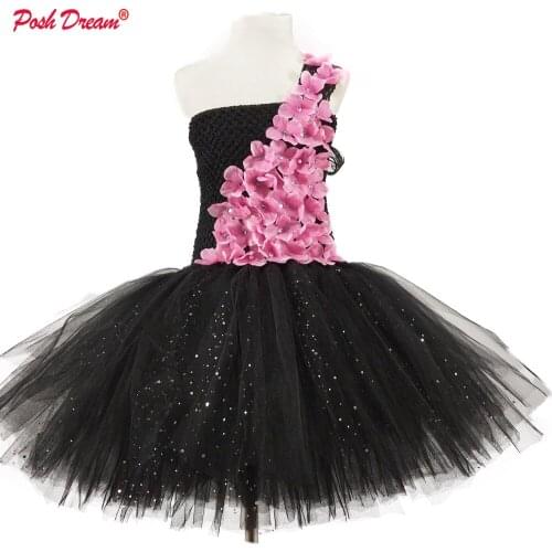POSH DREAM Summer New Fashion Pink Flower Wedding Dresses for Children Girls Pearls Petals Kids Girls Party Tutu Dresses