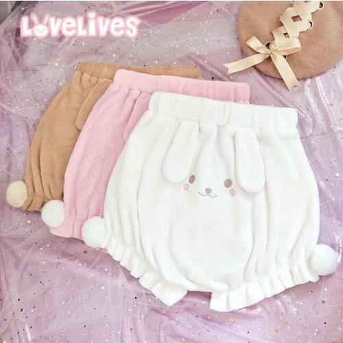 Autumn Winter Japanese Kawaii Soft Girl Rabbit Ears Embroidered Pumpkin Shorts Plush Shorts Cute Bloomers Women Velvet Shorts