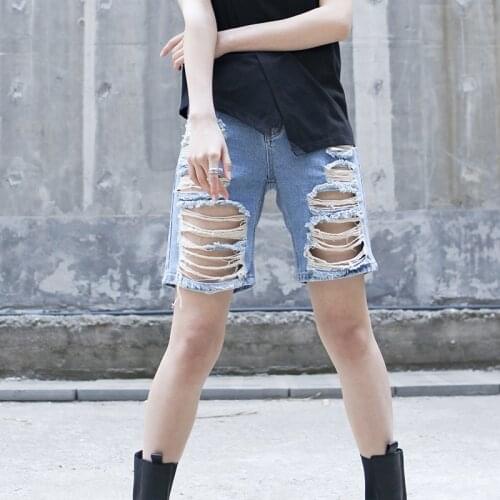 2021 summer new hip hop personality fashion alternative large womens summer holed Jeans Shorts Yamamoto style