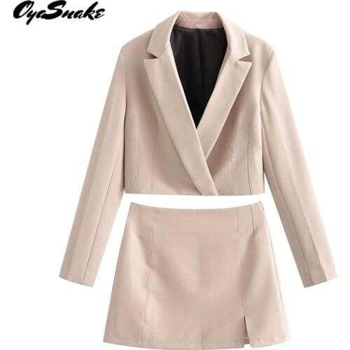 Oyasnake Womens Sets Notched Long Sleeve Suit Tops +Side Zipper Bodycon Split Slim Mini Sheath Skirt Solid 2-Piece Suits