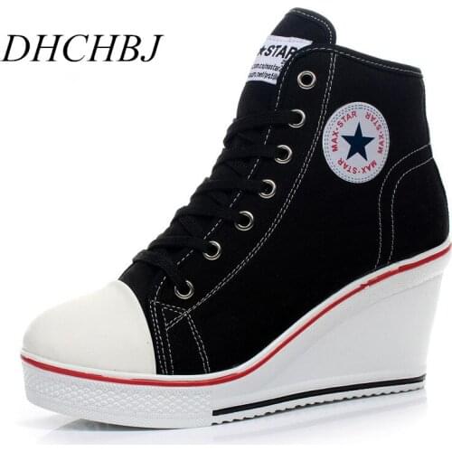 2019 Badge Wedges High Lacing Casual Elevator Shoes Female Canvas Shoes 8CM High Top Wedge Boots Women Casual Shoes SIZE 35-43
