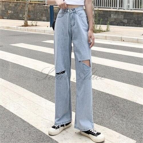 Free shipping womens 2020 summer new high waist ripped straight jeans thin section loose mopping trousers