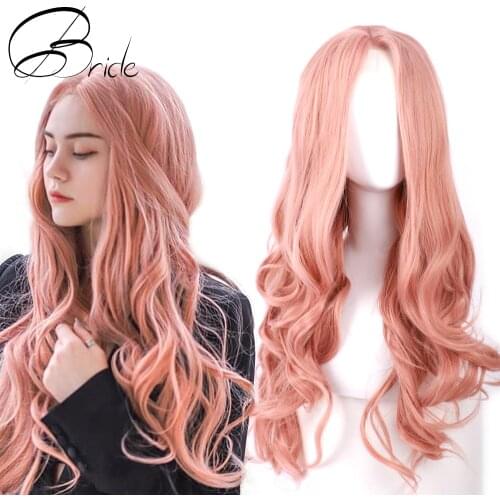 BRIDE HAIR Synthetic Lace Front Wig For Women Natural Wavy 24 inch Long Cosplay Pink Purple Wig Lolita Party No Bangs Wig