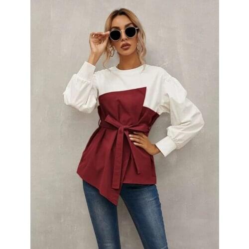 Women Autumn Solid Color Irregular Stitching Pullover Shirt 2021 New Casual Long-Sleeved Tops Fashionable Casual Top