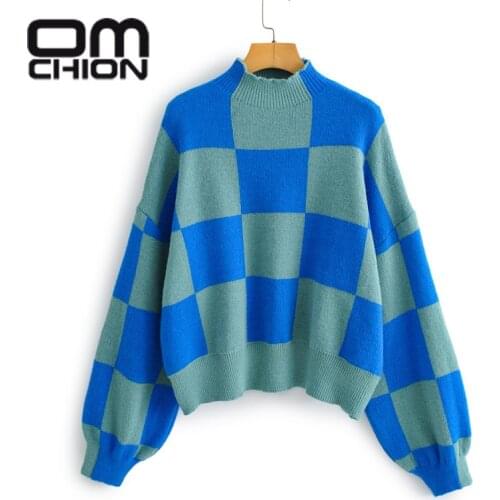 OMCHION Abrigo Mujer 2021 Korean New Large Plaid Sweater Half High Neck Loose Oversized Pullover Women Chic Jumper Knitwear BR50