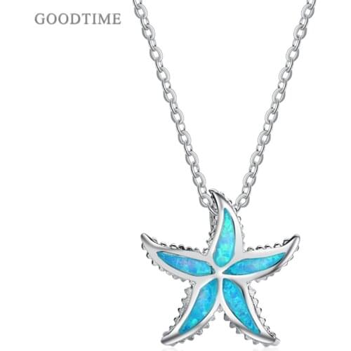 Fashion Necklace Genuine 925 Sterling Silver Fine Jewelry Blue Opal Starfish Pendant Necklaces For Women Anniversary Jewelry