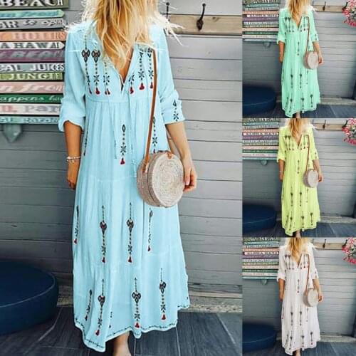 Summer Casual Loose Dress Women Plus Size V Neck Print Long Sleeve Boho Dress Party Maxi Dress Bohemian Style