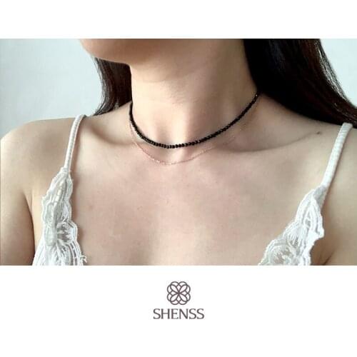 Silver 925 Jewelry Choker Style Necklace 3mm Black Spar Short Necklace 925 Sterling Silver Chain for Women