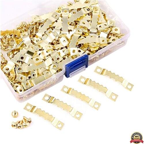 100Pcs Sawtooth Picture Frame Hanging Hangers Double Hole with Screws for Home Decoration Creative Picture Frame Hanging Gold