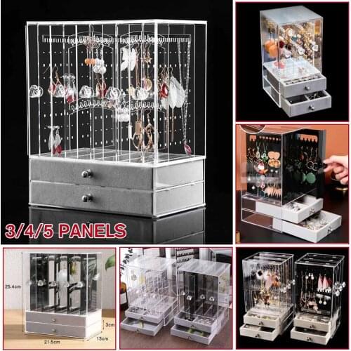 3/4/5 Panels Acrylic Dustproof Earrings Display Stand Jewelry Storage Box Drawers Rack Holder Storage Case Transparent / Black