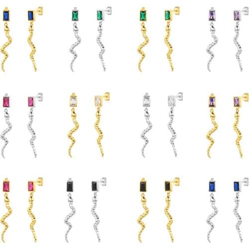 GS 925 Sterling Silver Colorful Square Zircon Twisted Snake Pendant Dangle Earrings For Women Luxury Rock Punk Party Jewelry