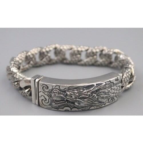 Pure 925 Sterling Silver Bangle 17mm Long Square Dragon Curb Link Chain Bracelet Men Gift 121g /21.5cm