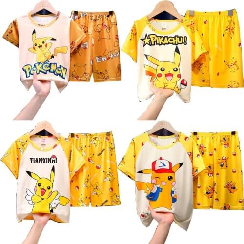 Pokemon Childrens Pajamas Short-sleeved Boys and Girls Cartoon Big Boy Home Service Suit Student Thin Pikachu Suit