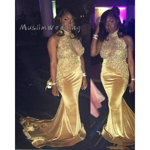 Elegant African Gold Prom Dresses Halter Neck See Through Top Lace Velvet Evening Dress Stylish Mermaid Formal Party Gowns 2020