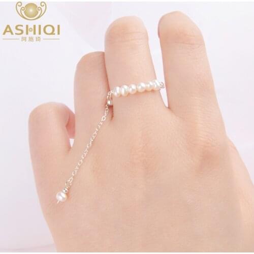 ASHIQI Natural Pearl 100% Real 925 Sterling Silver Tassel Adjustable Ring Women Handmade Freshwater Pearl Jewelry