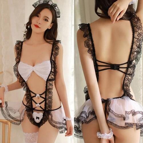 Summer Woman Dress 2021 Midi Dress Sexy Lace See Through Dress Underwear Headband Outfit Maid Cosplay Uniform