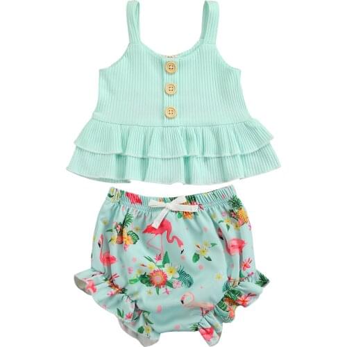 2 Pcs Infant Summer Outfits Baby Girl Sleeveless Solid Color U-shaped Neck Ruffle Tank Top + Flamingo Print Shorts