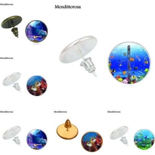 Mendittorosa Colorful Fish Coral Glass Cabochon Bronze/Silver/Golden Clip Ear Hook Stud Earrings Statement For Women Party