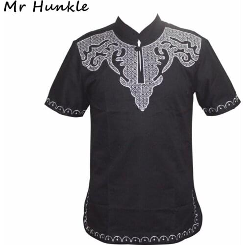 Mr Hunkle Fashion African Print T-shirt Mandarin Collar Short Sleeve Smart Casual Top Tees Geometric Emboridery Dashiki Shirts