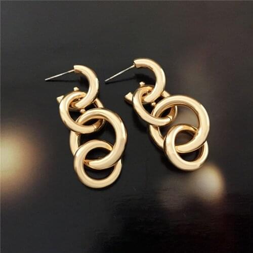 Trendy Gold Color Plating Circle Linked Drop Earrings For Women Girl Casual Modern Chic Chunky Gorgeous Dangle Jewelry