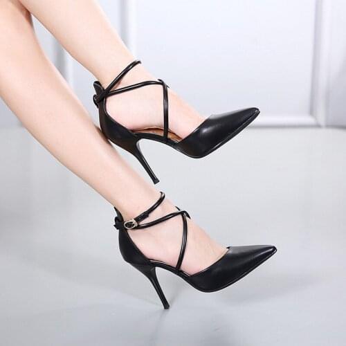 Fashion Summer The New Cross-tied Party Buckle Strap Cover Heel Thin Heels Pointed Sexy Pumps Shoes Sandals 10cmHigh Heels Solid