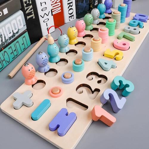Educational Wooden Toys Children Busy Board Math Fishing Childrens Wooden Preschool Toy Counting Geometry Building Blocks