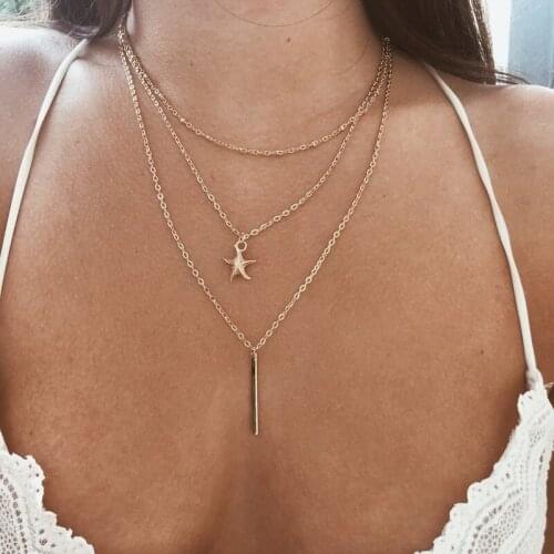 HebeDeer Necklace Jewelry Girls Necklaces Simple Multilayer Chain Women Light Yellow Gold Color Trendy Starfish Choker Collares
