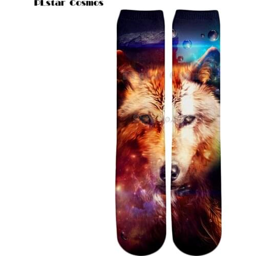 PLstar Cosmos Drop shipping 2018 New style Fashion Knee High Socks Animal starry sky hipster wolf Print 3d Mens Womens Sock