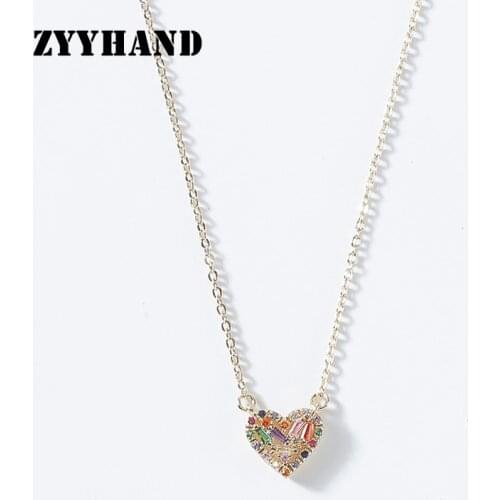 Multi Color Zircon Heart Women Pendant Necklace Golden Rainbow Stone Cross Chain 16inch Copper Alloy Girl Jewelry
