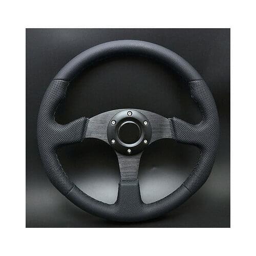 Wotefusi 350mm Racing Steering Wheel Genuine Leather Flw/ Horn Button Black Stitch
