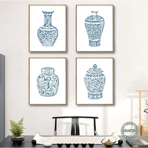 Blue and White Chinoiserie Vases Jar Canvas Poster and Prints Wall Art Canvas Painting Decorative Pictures for Living Room